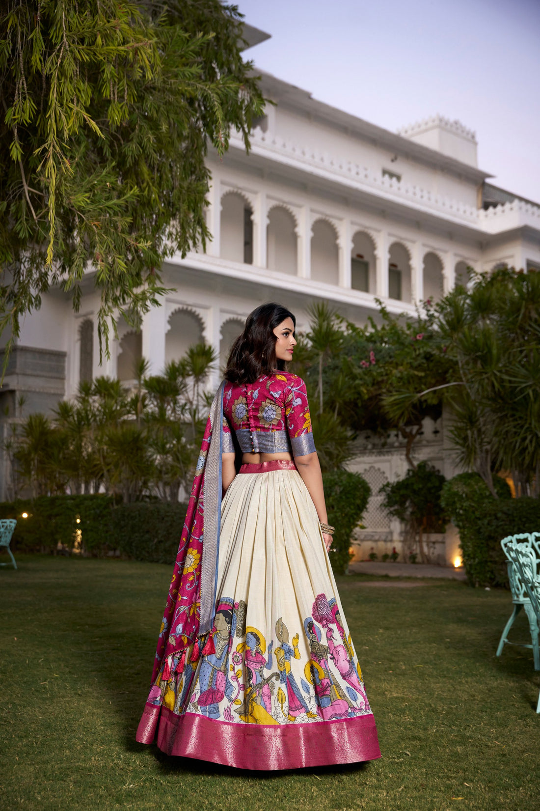 Tussar Silk Floral Foil Print Lehenga Choli Set with Jacquard Border & Dupatta