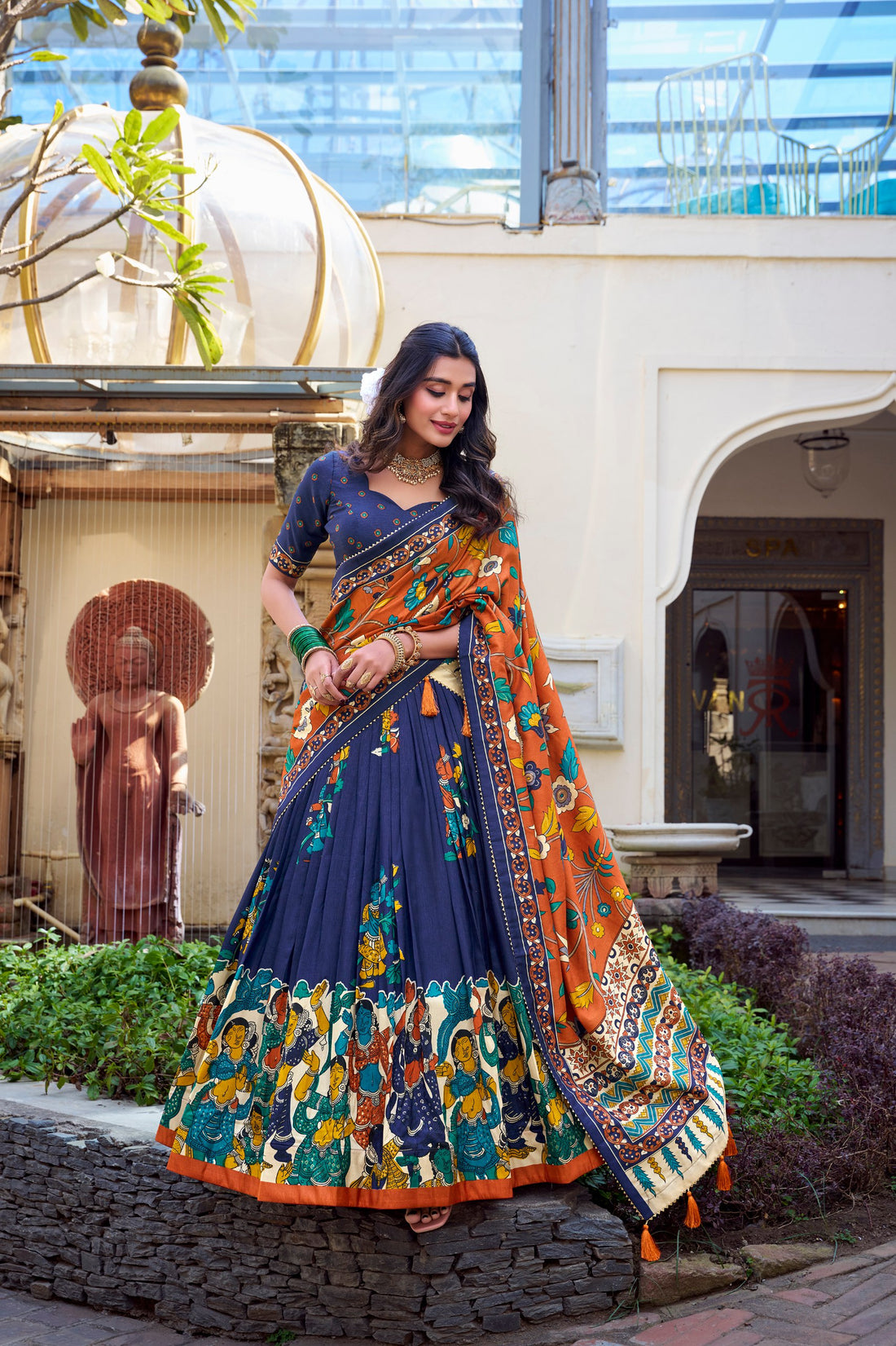 Designer Tussar Silk Lehenga Choli Set with Floral Foil Work & Tassels