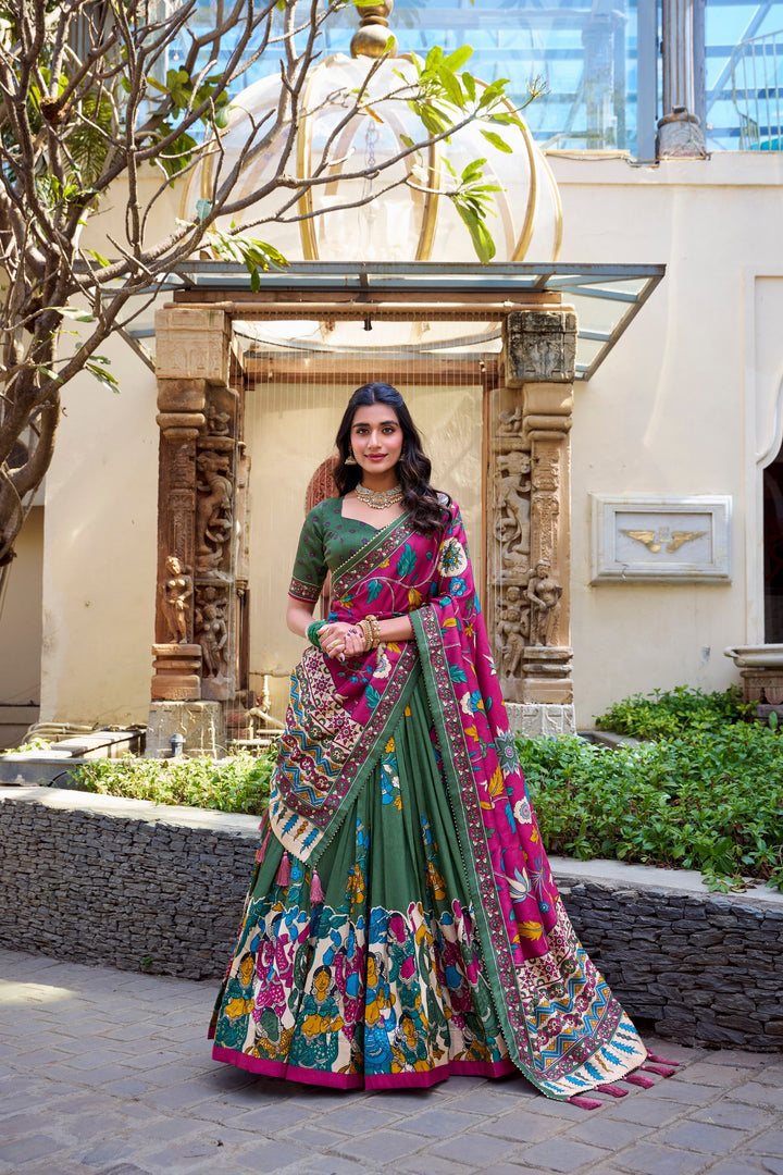 A exquisite Tussar Silk LehengaSet with Perfect floral abd patola print design to make you feel utterly beatific🌙