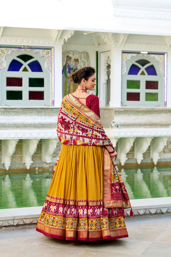 Tussar Silk Lehenga Choli Set with Floral Foil Work & Dupatta