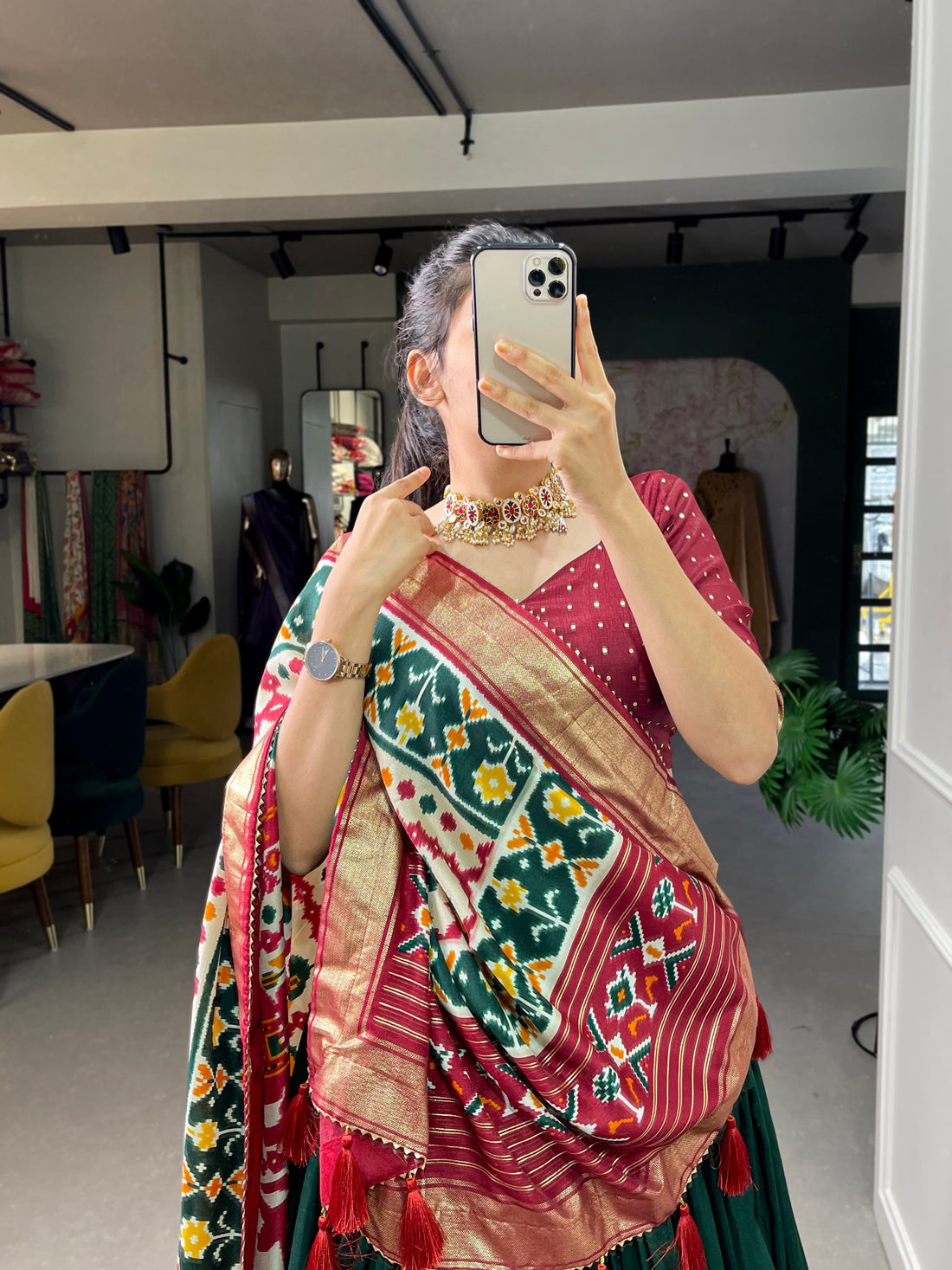 Women’s Mirror Tussar Silk Lehenga Choli with Floral Print & Dupatta