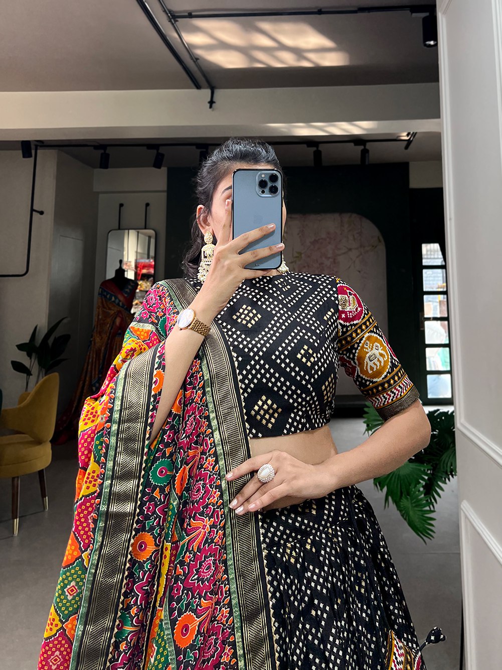 Designer Banzran Tussar Silk Lehenga Choli with Floral Foil Work