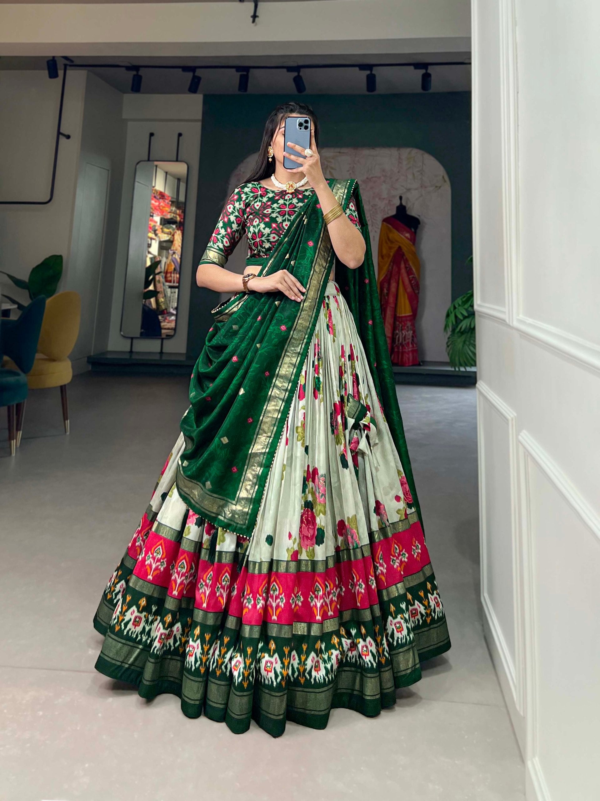 Festive Tussar Silk Floral Printed Lehenga Choli Set with Dupatta