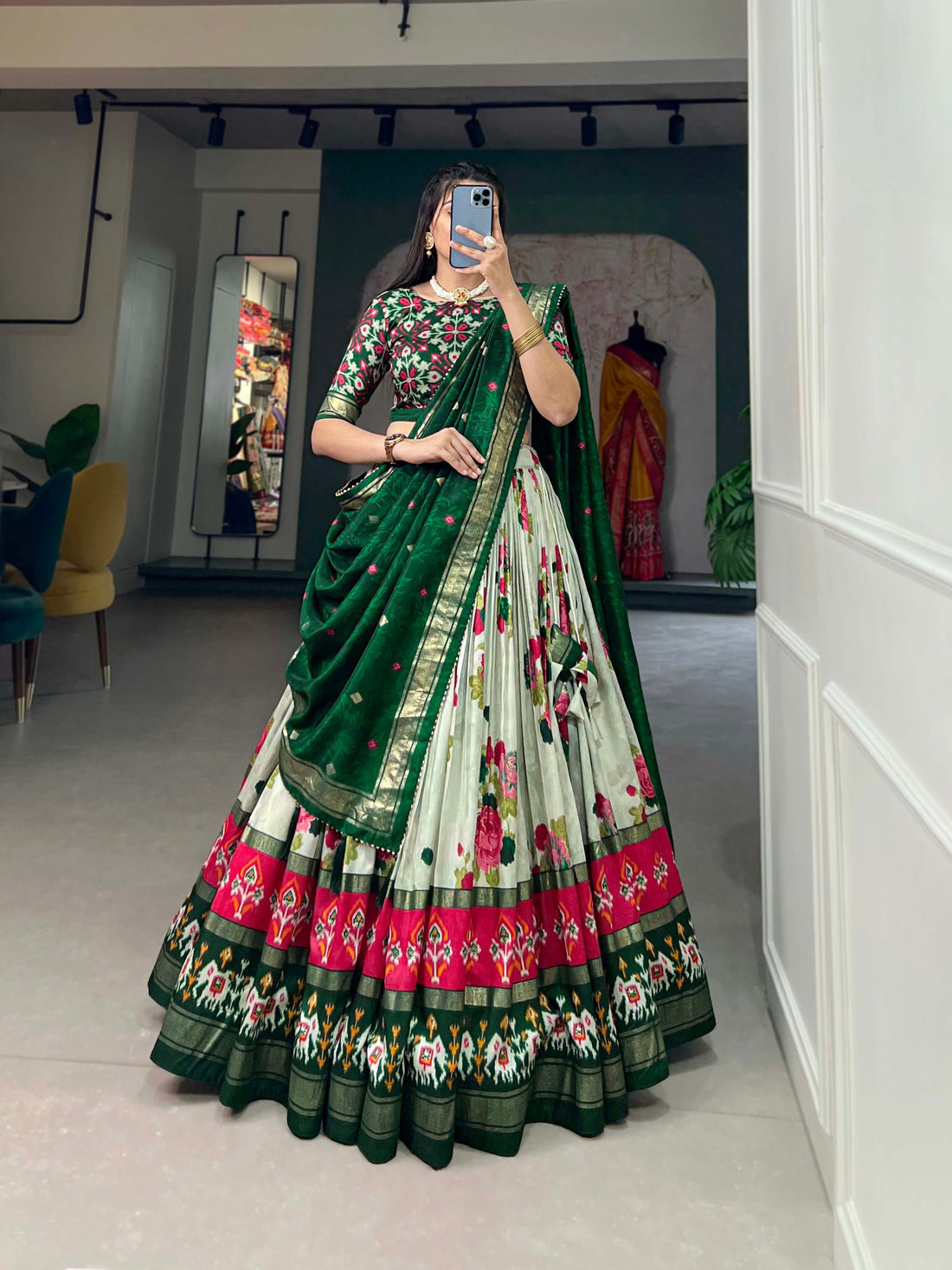 Festive Tussar Silk Floral Printed Lehenga Choli Set with Dupatta