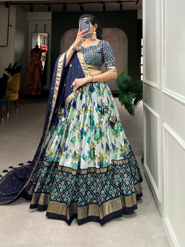 Elegant Tussar Silk Lehenga Set with Floral–Patola Print & Foil Detailing