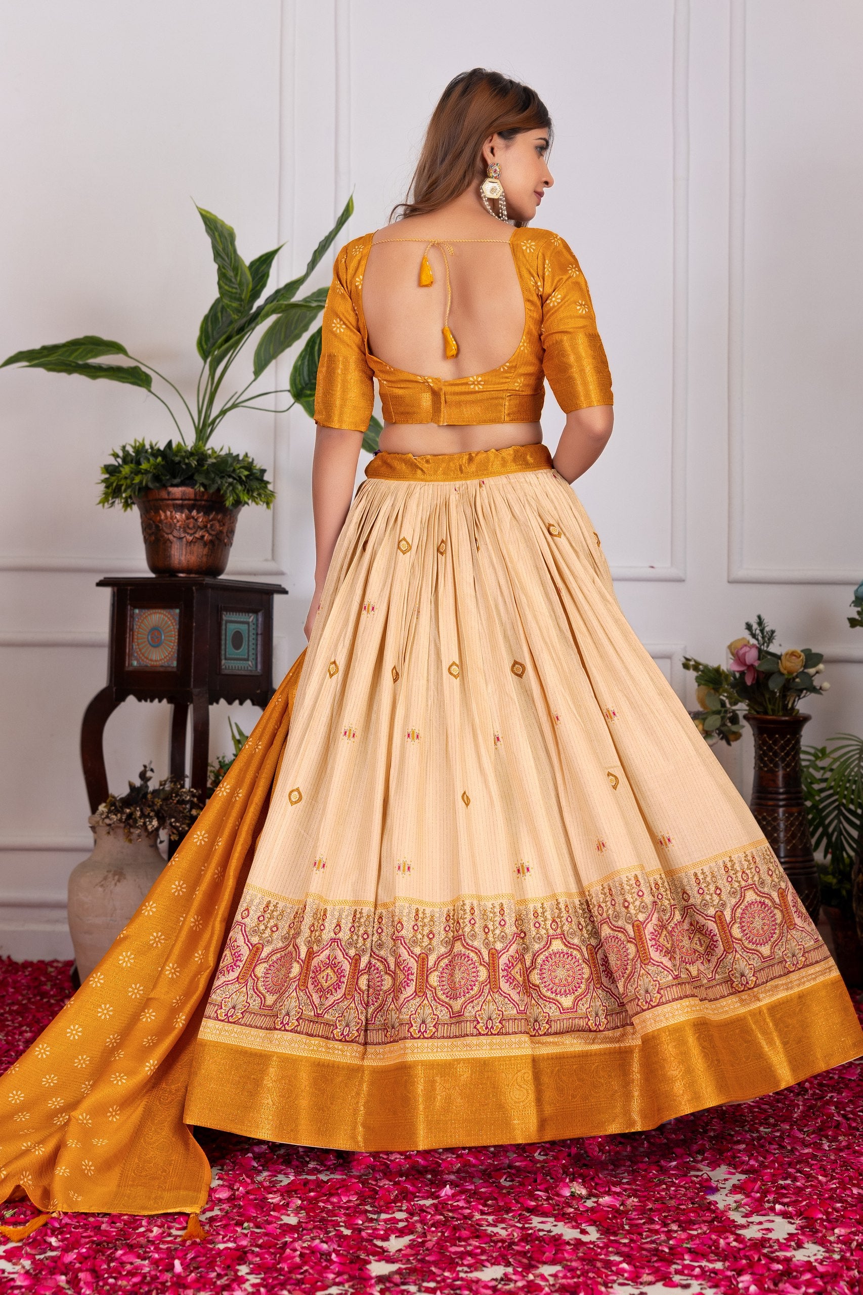 Elegant Tussar Silk Lehenga Set with Floral–Patola Print & Foil Detailing
