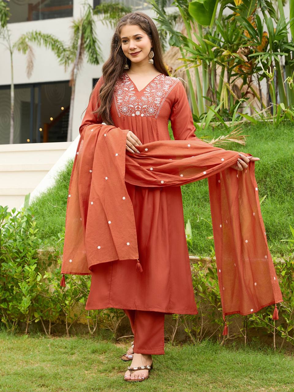 🧡 New Catalog Launch – Premium Banzaran Rust Rayon Embroidered Kurta Set