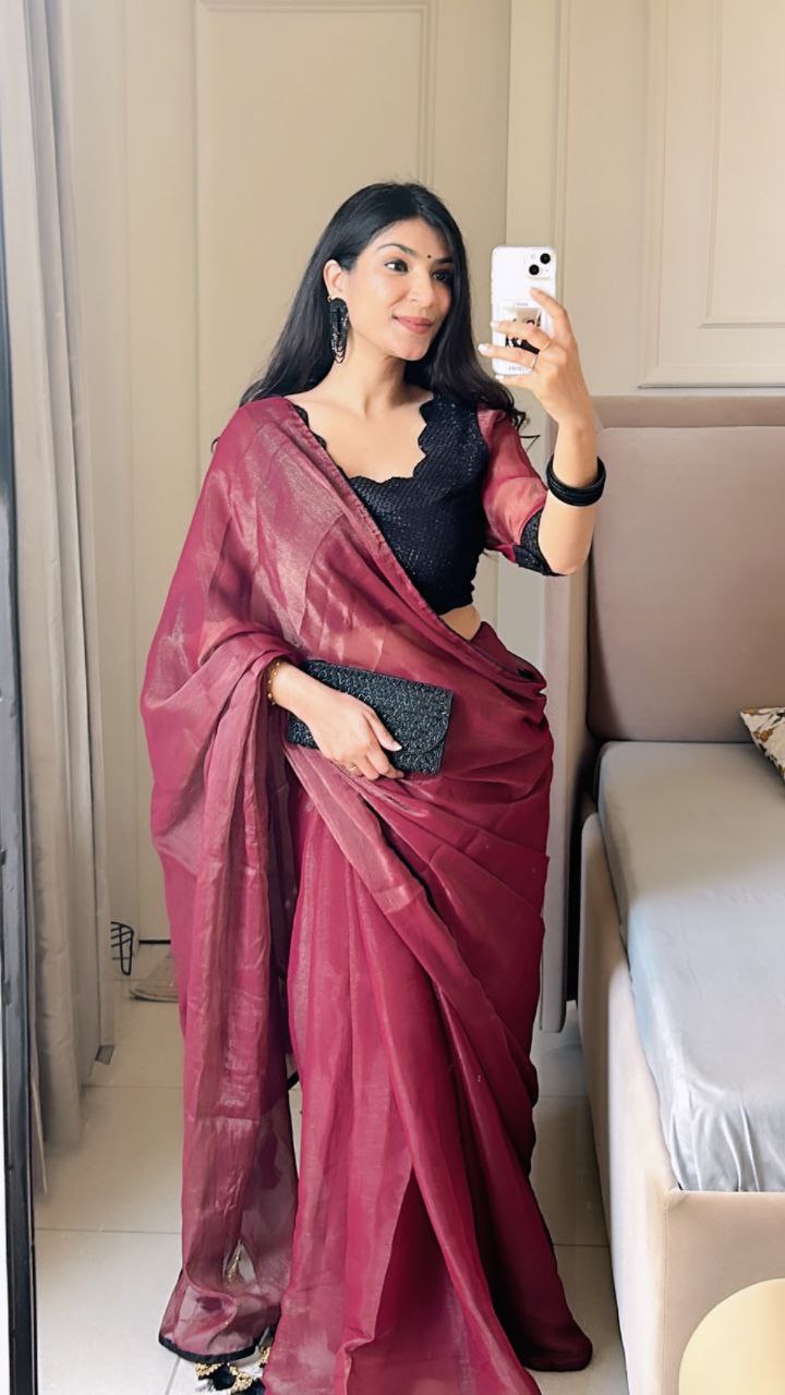 Premium Banzaran Gold Coin Fabric Saree With Heavy Zalar, Designer Pattern & Georgette Blouse