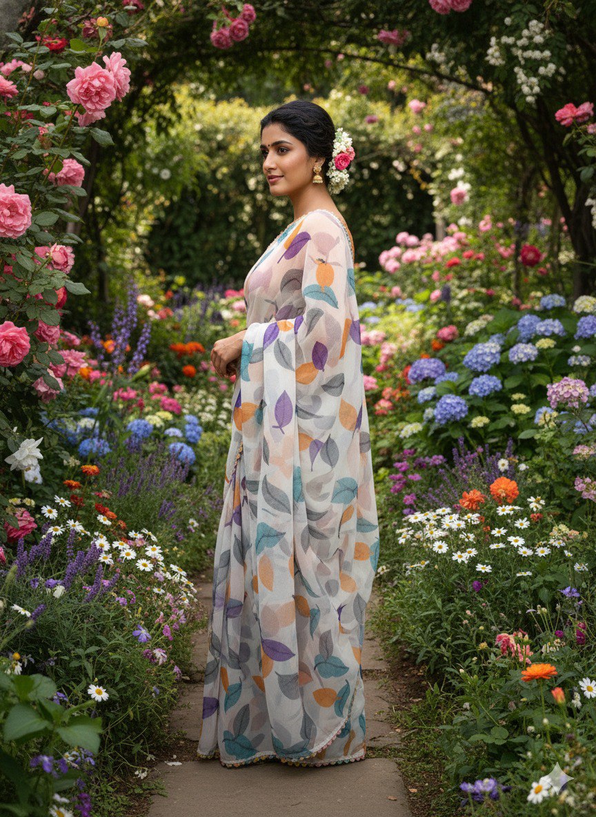 Chiffon Banzaran Soft Chiffon Saree with Floral Mill Print & Elegant Lace Border