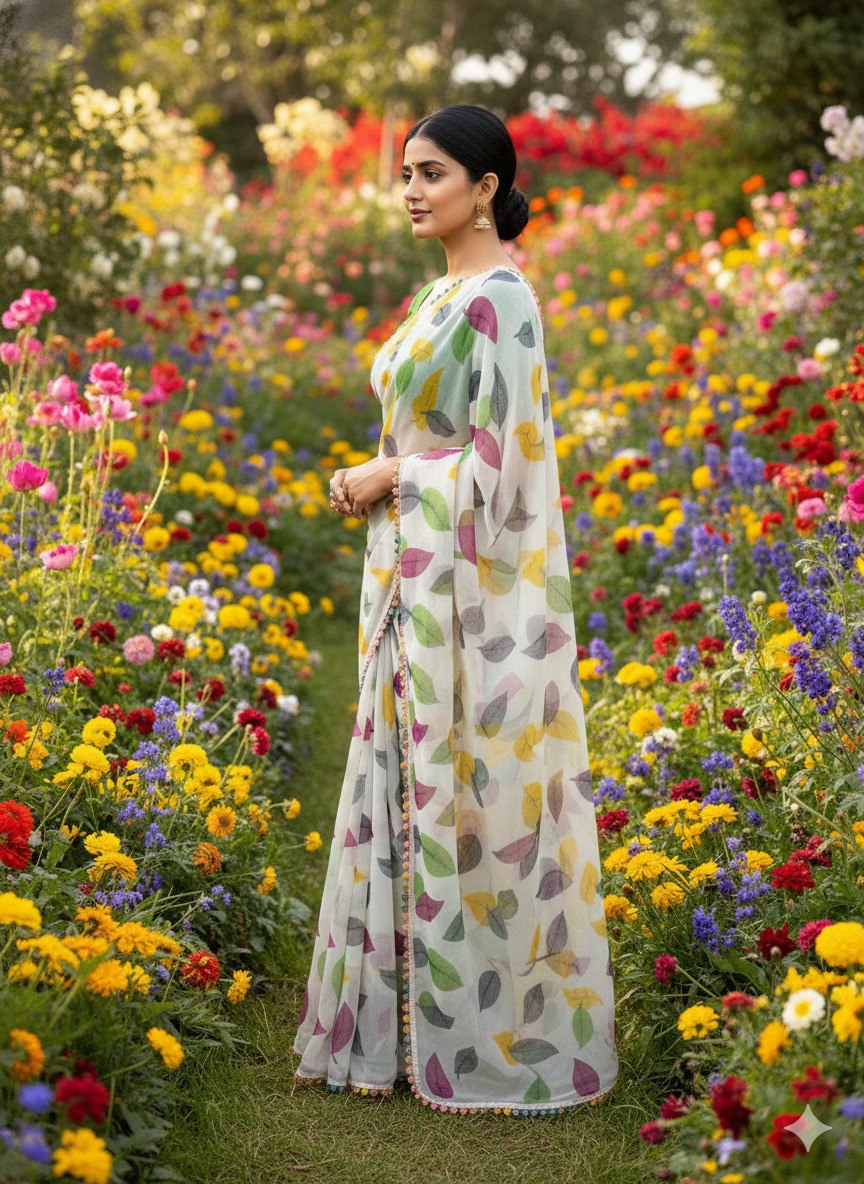 Chiffon parrot  Banzaran Soft Chiffon Saree with Floral Mill Print & Elegant Lace Border