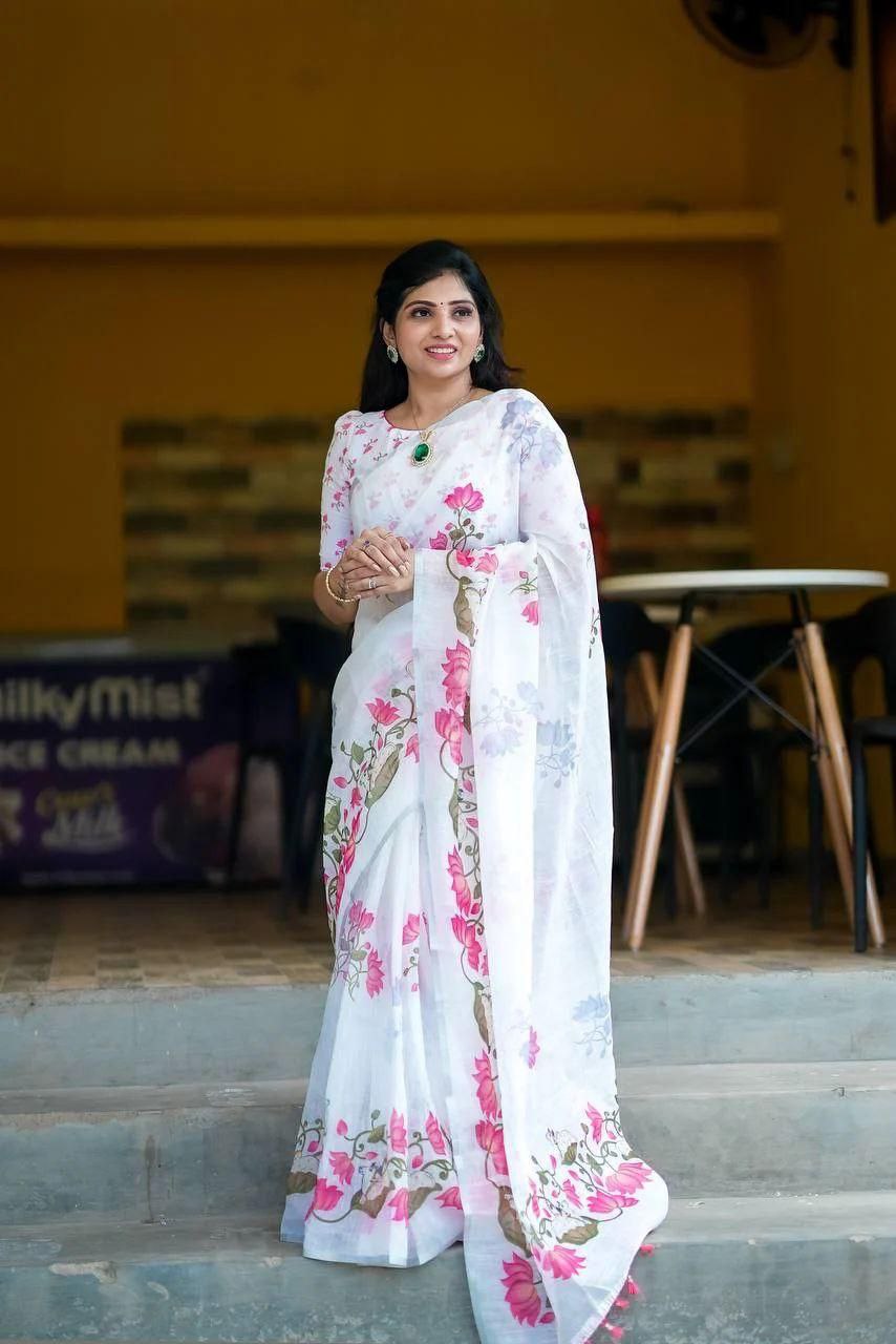 Banzaran Linen Cotton Digital Print Saree – Soft Blouse Included