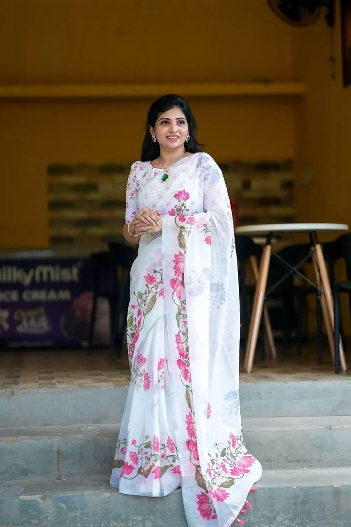 Banzaran Linen Cotton Digital Print Saree – Soft Blouse Included