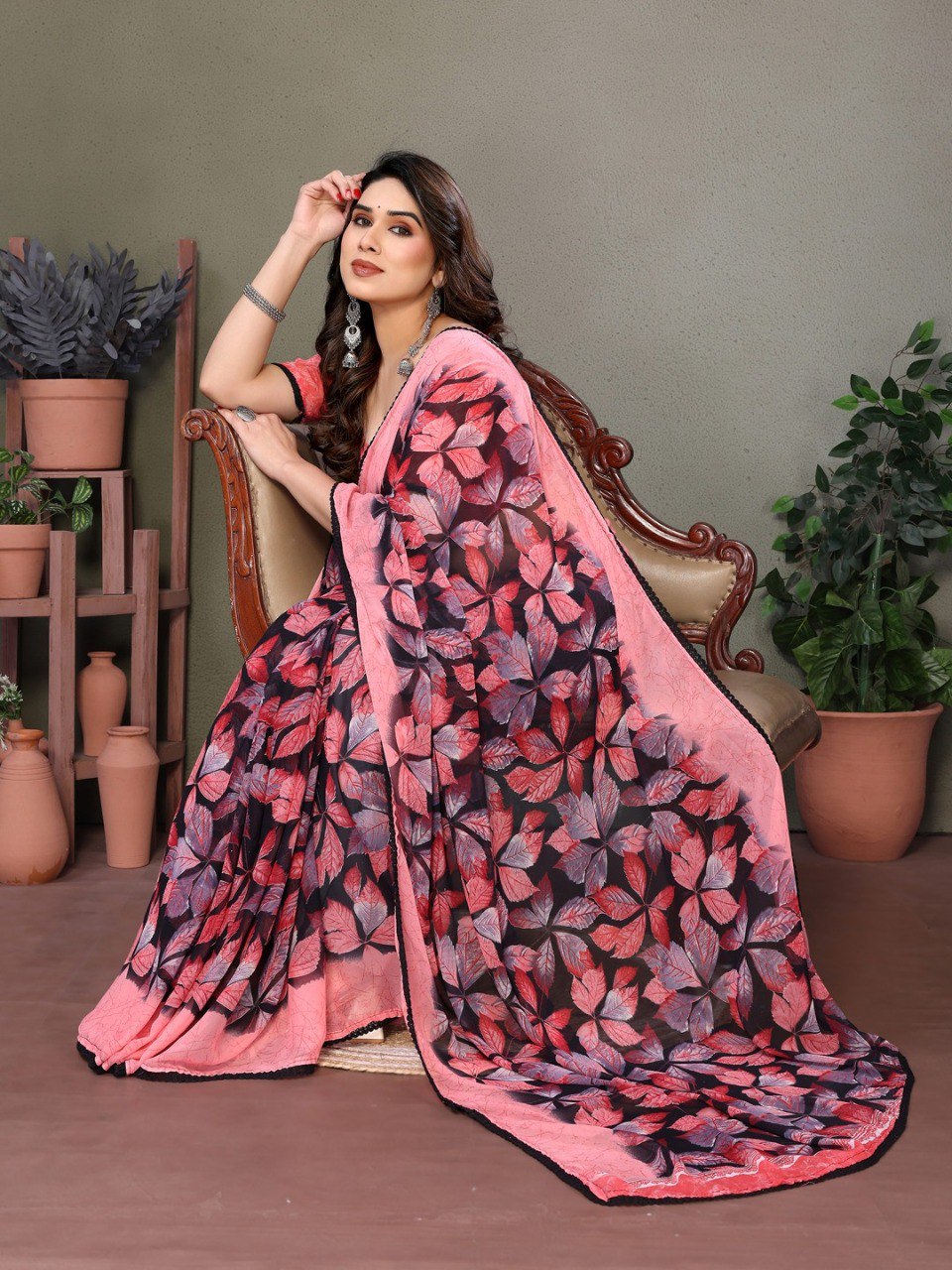 Chiffon Banzaran Floral Soft Chiffon Saree with Floral Mill Print & Elegant Lace Border