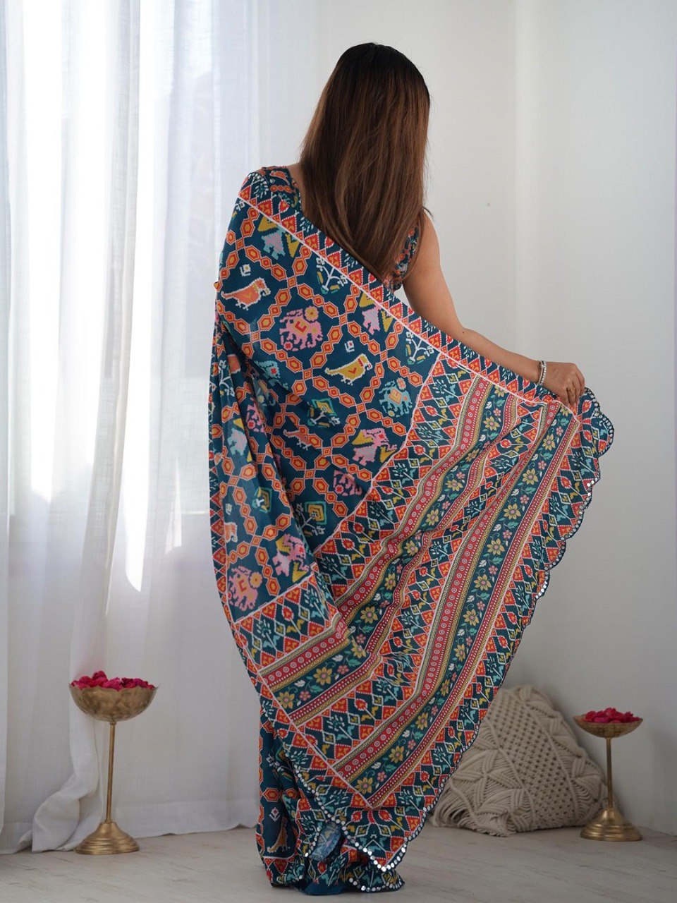 Ultra HD Ink high quality Banzaran Digital printing Mirror work With Arco Border wax finishing in saree