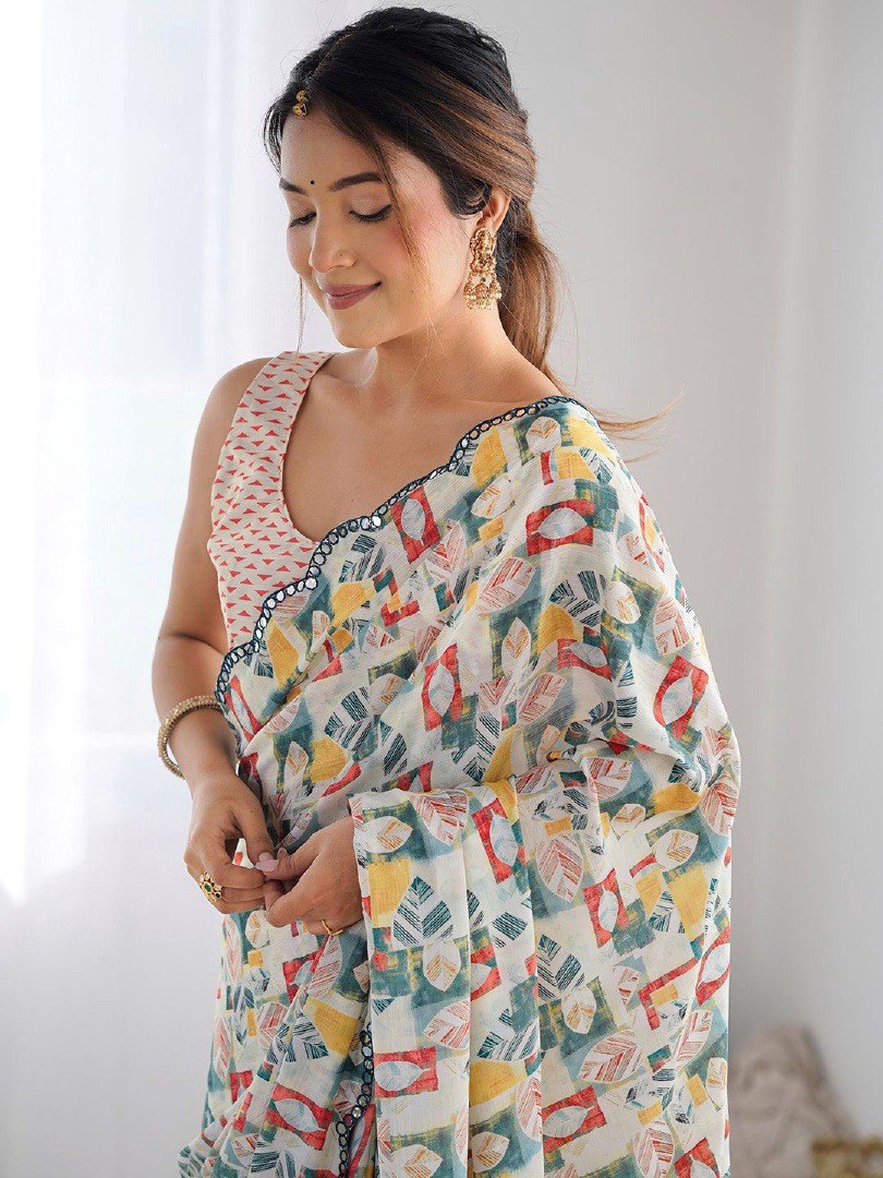 Ultra HD Ink high quality Digital printing Mirror work With Arco Border wax finishing in saree