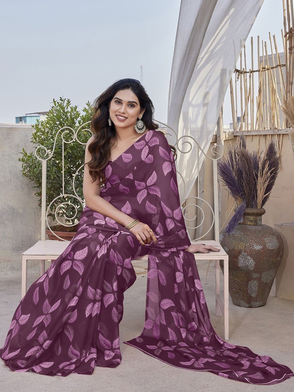 Floral Purple Printed High Quality Mill Printing with wax finishing in saree