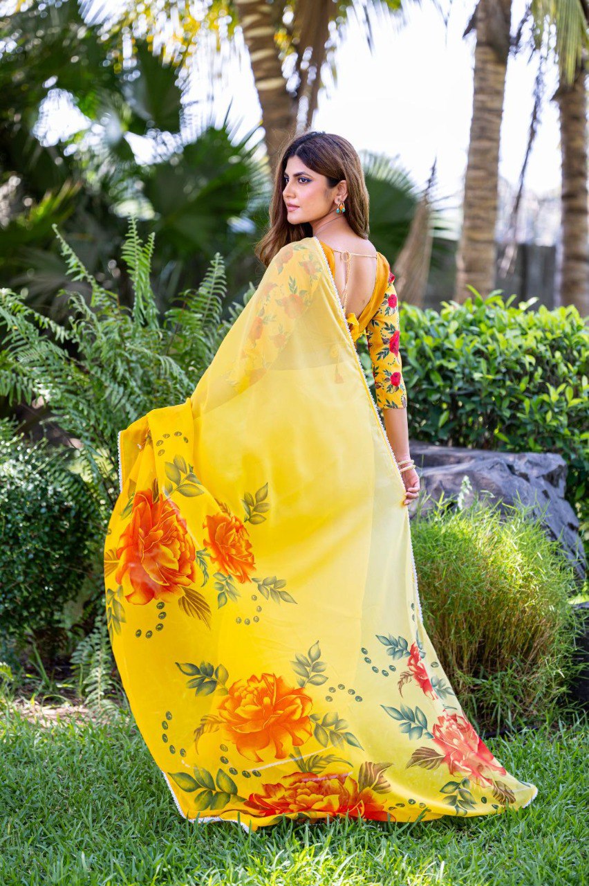 Flower Peddling High Quality Mill Printing with wax finishing in saree