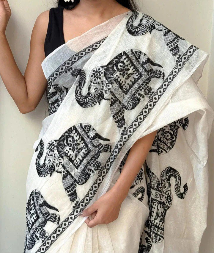 Beautiful Elephants Ultra HD Ink high quality Digital printing with wax finishing in saree