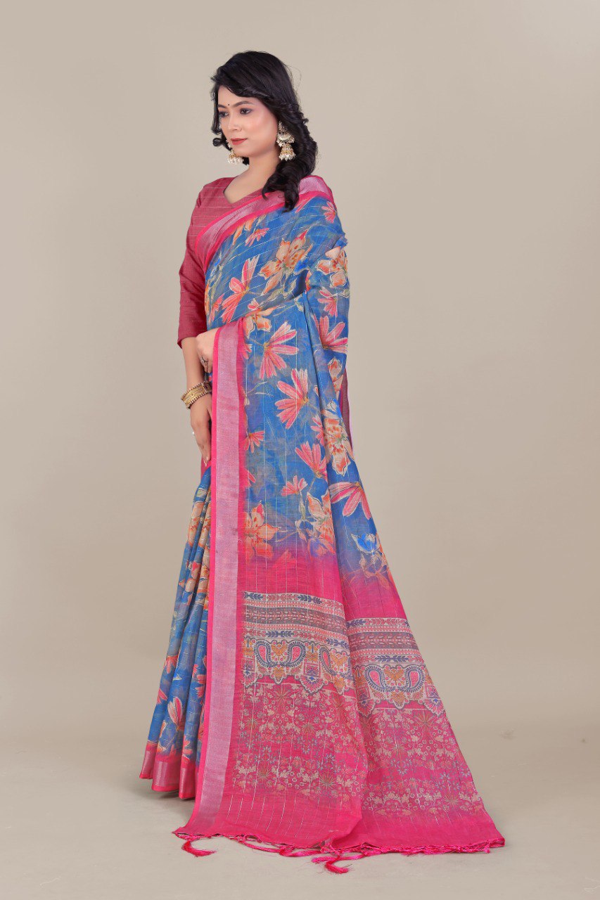 Pure Linen Cotton all Over Silver Lurex jari line with 3 × 3 Silver jari Borders