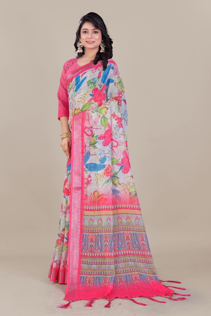 Pure Linen Cotton all Over Silver Lurex jari line with 3 × 3 Silver jari Borders