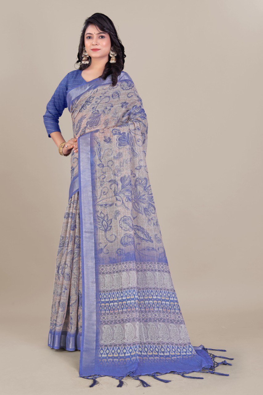 Pure Linen Cotton all Over Silver Lurex jari line with 3 × 3 Silver jari Borders