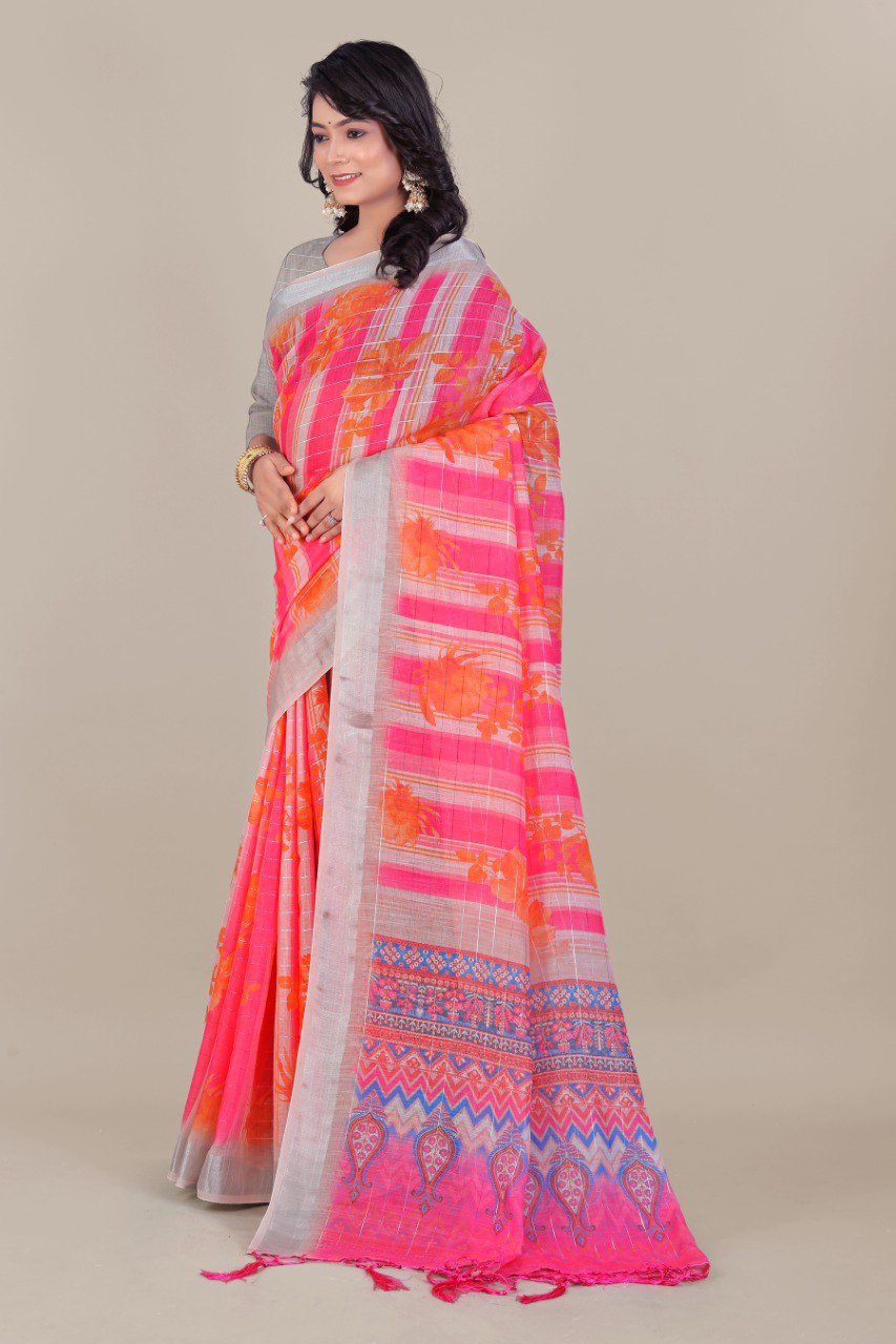 Pure Linen Cotton all Over Silver Lurex jari line with 3 × 3 Silver jari Borders