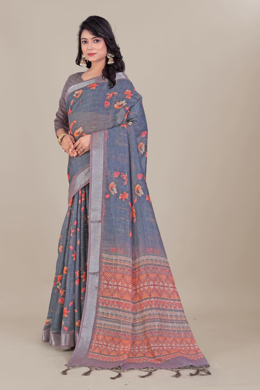 Ultra HD Ink high quality Digital printing with hand made Jalar on Pallu wax finishing in saree