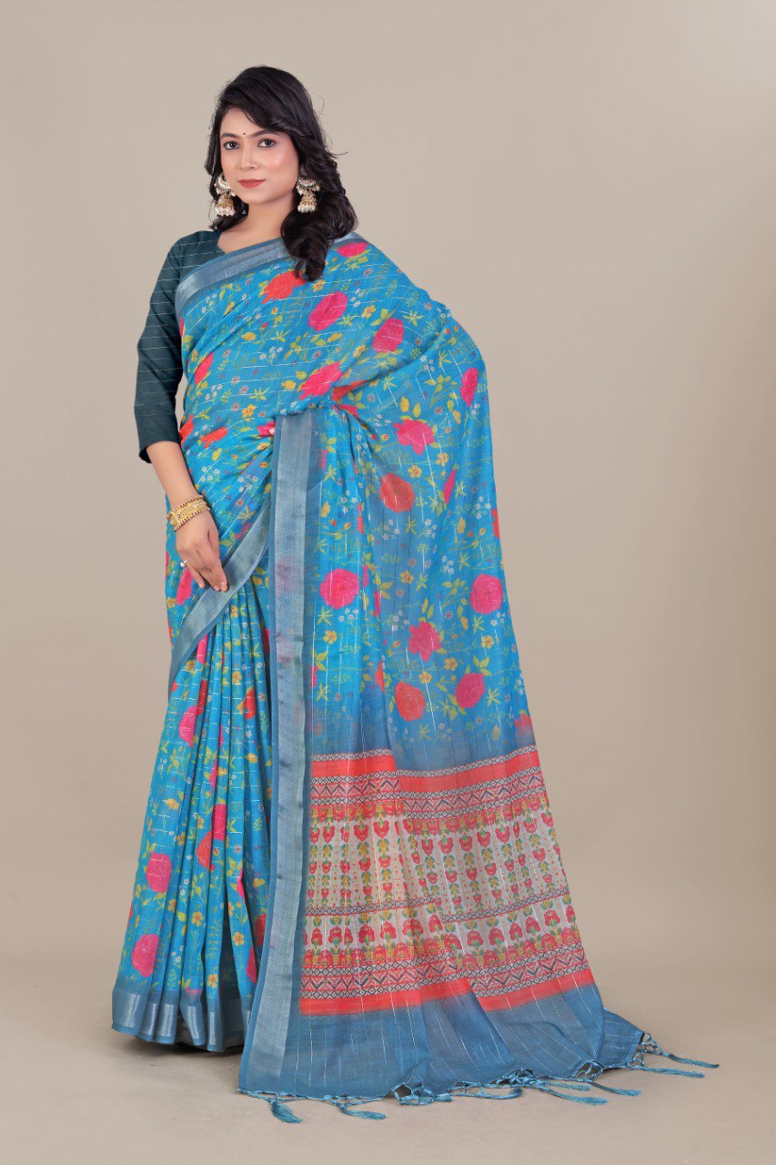 Pure Linen Cotton all Over Silver Lurex jari line with 3 × 3 Silver jari Borders