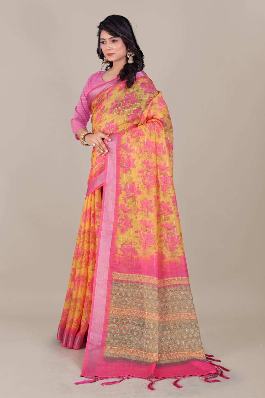 Ultra HD Ink high quality Digital printing with hand made Jalar on Pallu wax finishing in saree