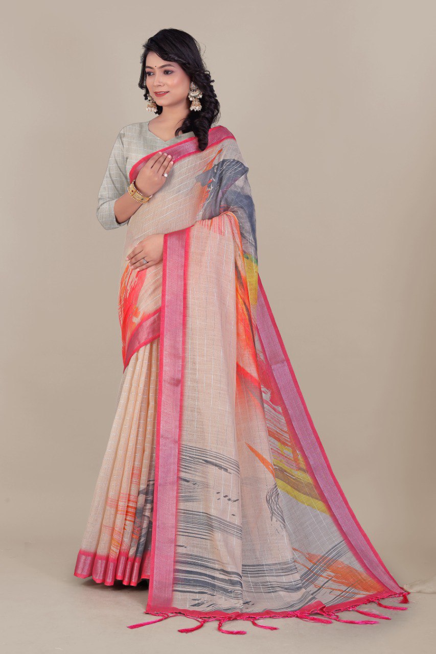 Pure Linen Cotton all Over Silver Lurex jari line with Silver jari Borders