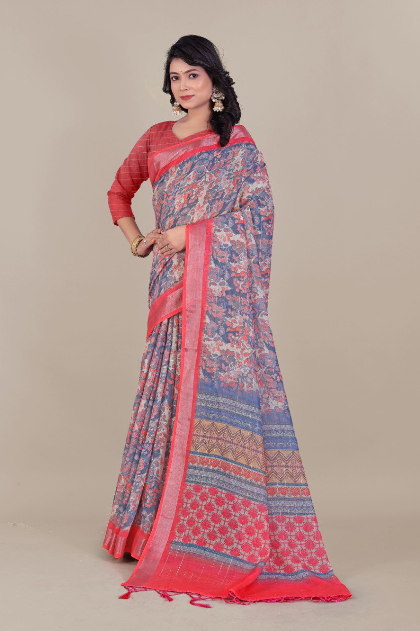 Banzaran  Designer Linen Cotton Saree with Silver Lurex Weave & Handmade Zalar