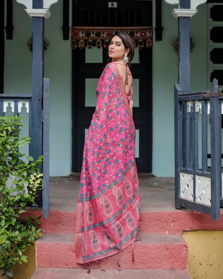 Classic Pink Floral Linen Cotton Saree with Designer Pallu