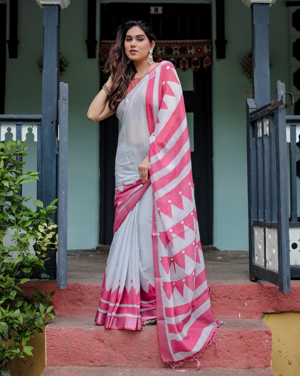 Contemporary White & Hot Pink Geometric Print Linen Cotton Saree
