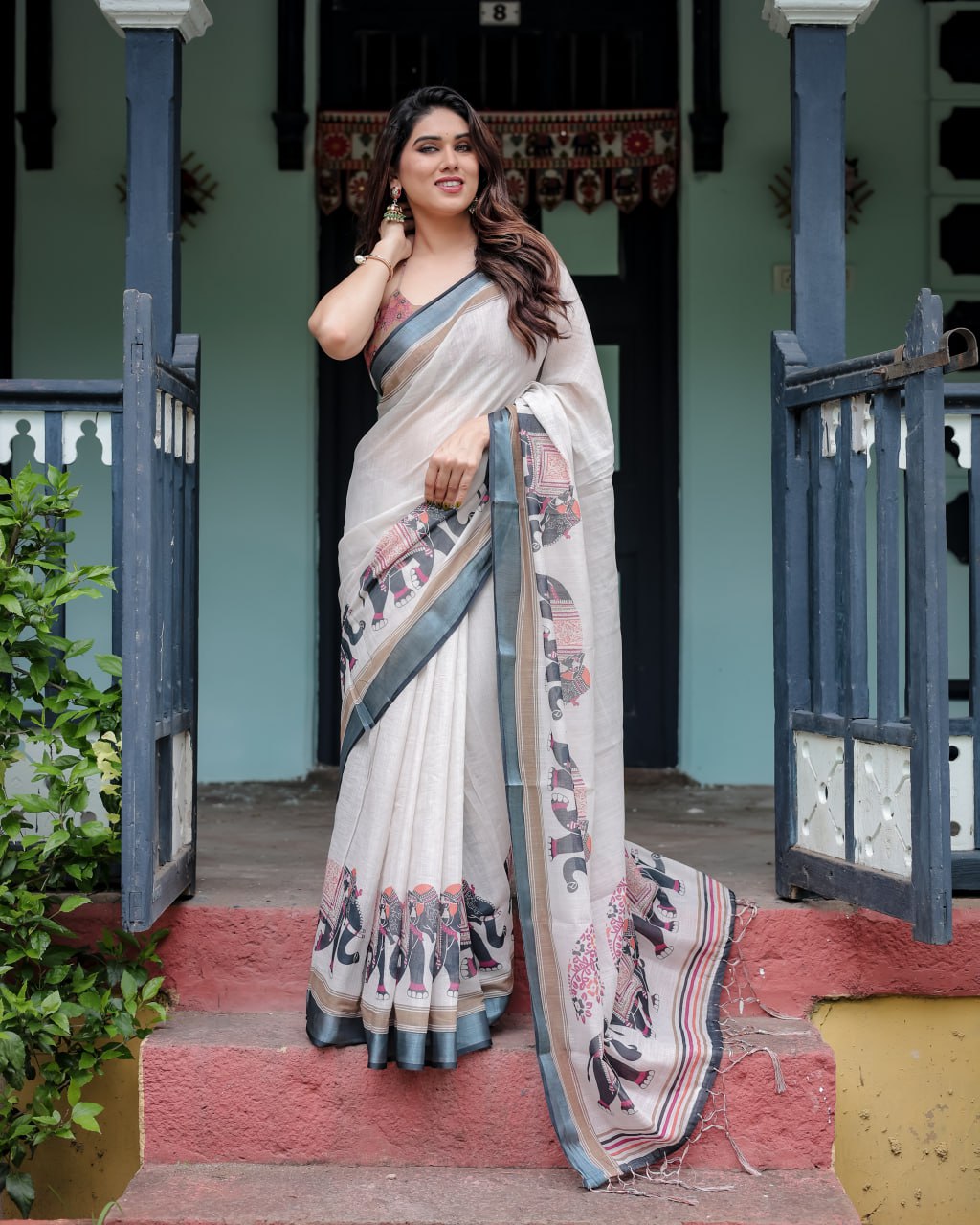 Traditional Off-White Linen Cotton Saree with Elephant Print saree