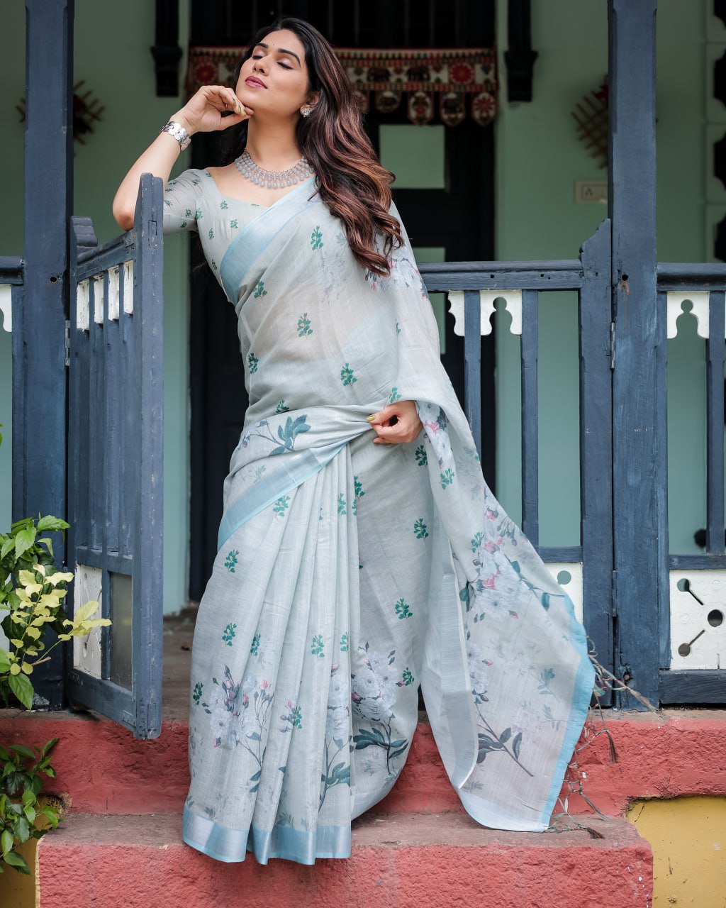 Festive Wear and  Elegant Light Slate Blue Floral Print Linen Cotton Saree