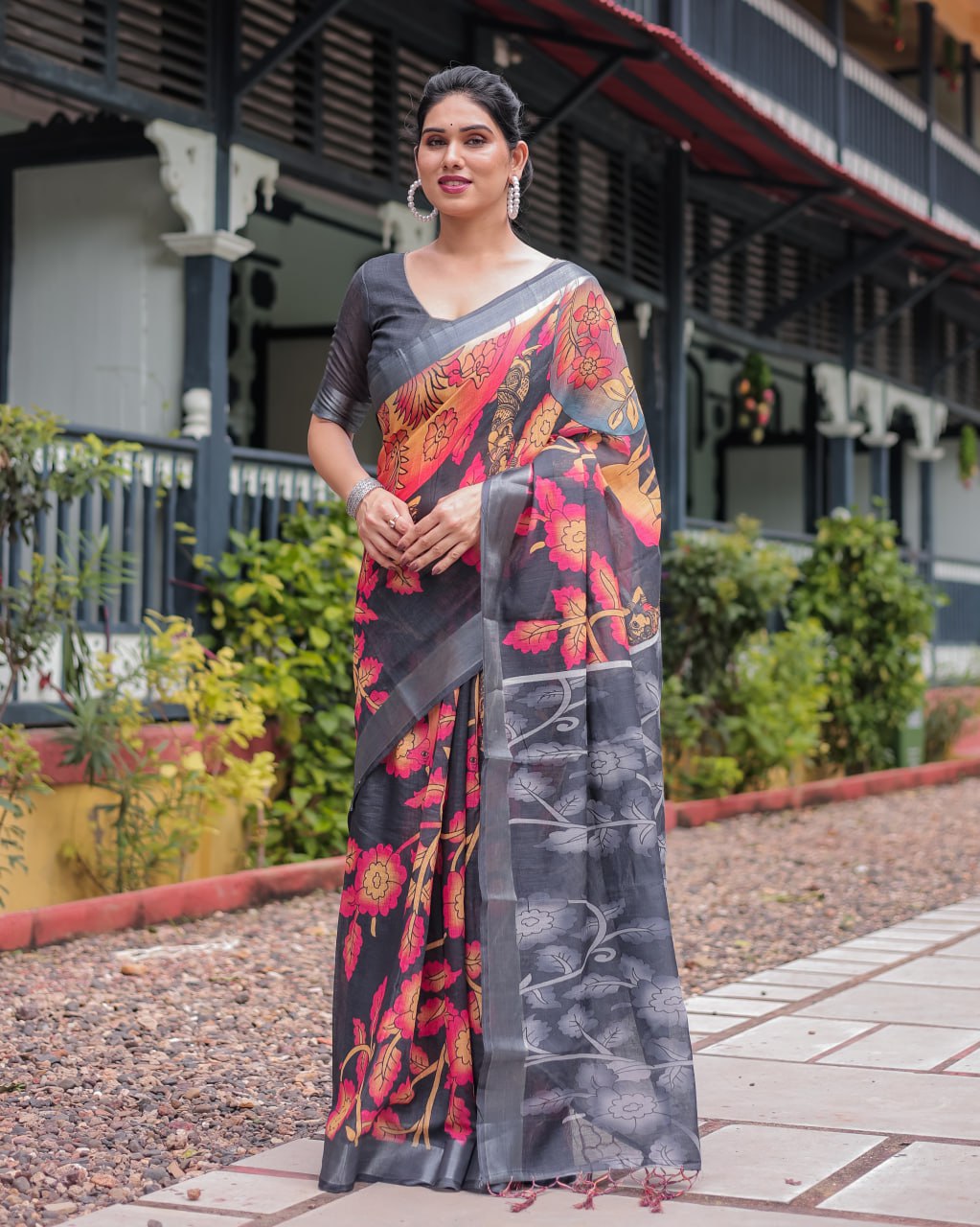 Premium Black & Multicolor Floral Linen Cotton Saree