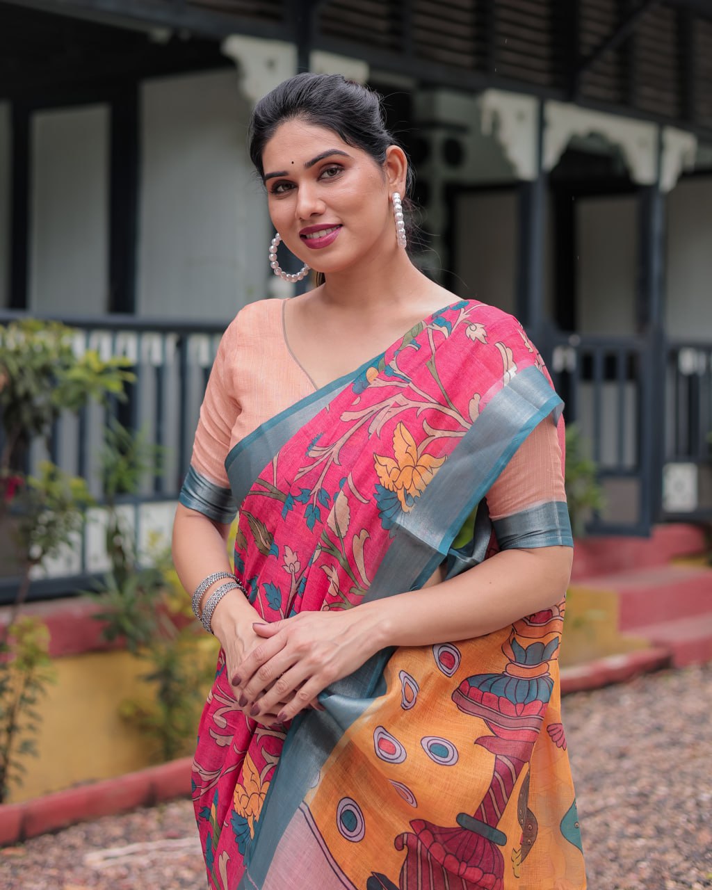 remium Festive Multicolor Artistic Print Linen Cotton Saree