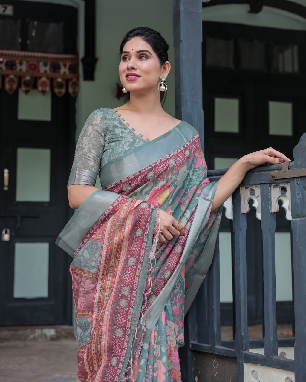 Premium Multi-Color Ethnic Print Linen Cotton Saree