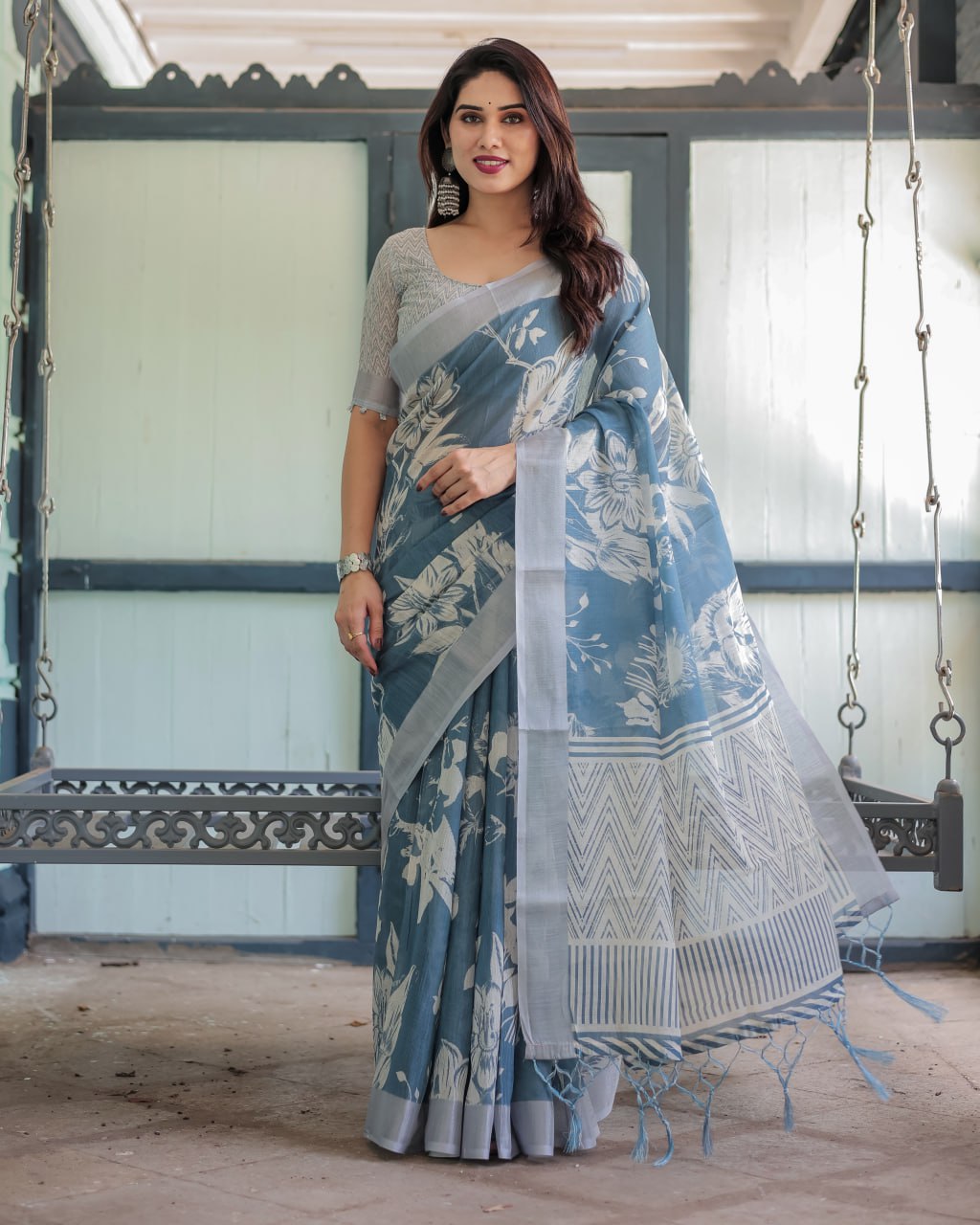 Premium Blue Floral Linen Cotton Saree