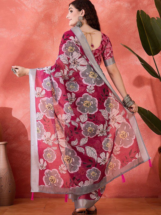 Bold Magenta Floral Digital Print Linen Cotton Saree