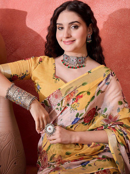 Summer Garden Floral Digital Print Linen Cotton Saree