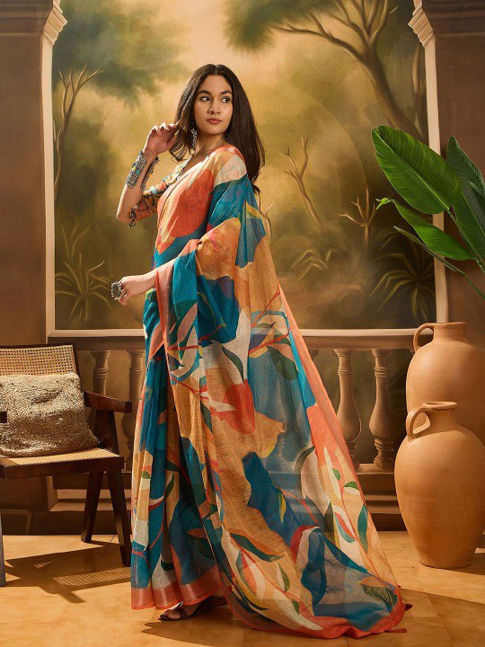 Painterly Abstract Digital Print Linen Cotton Saree