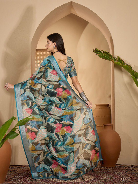 Contemporary Jungle Print Digital Print Linen Cotton Saree