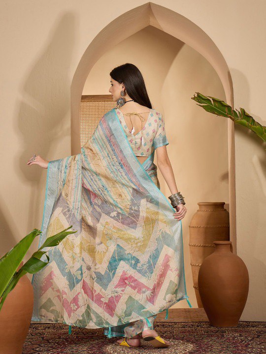 Earthy Abstract Digital Print Linen Cotton Saree