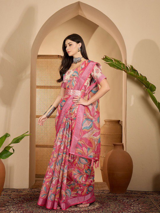 Vibrant Artistic Digital Print Linen Cotton Saree