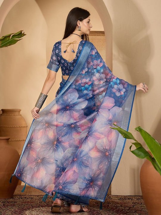 Deep Blue Floral Digital Print Linen Cotton Saree