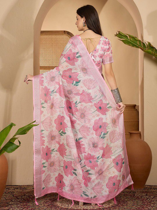 Bold Floral Digital Print Linen Cotton Saree