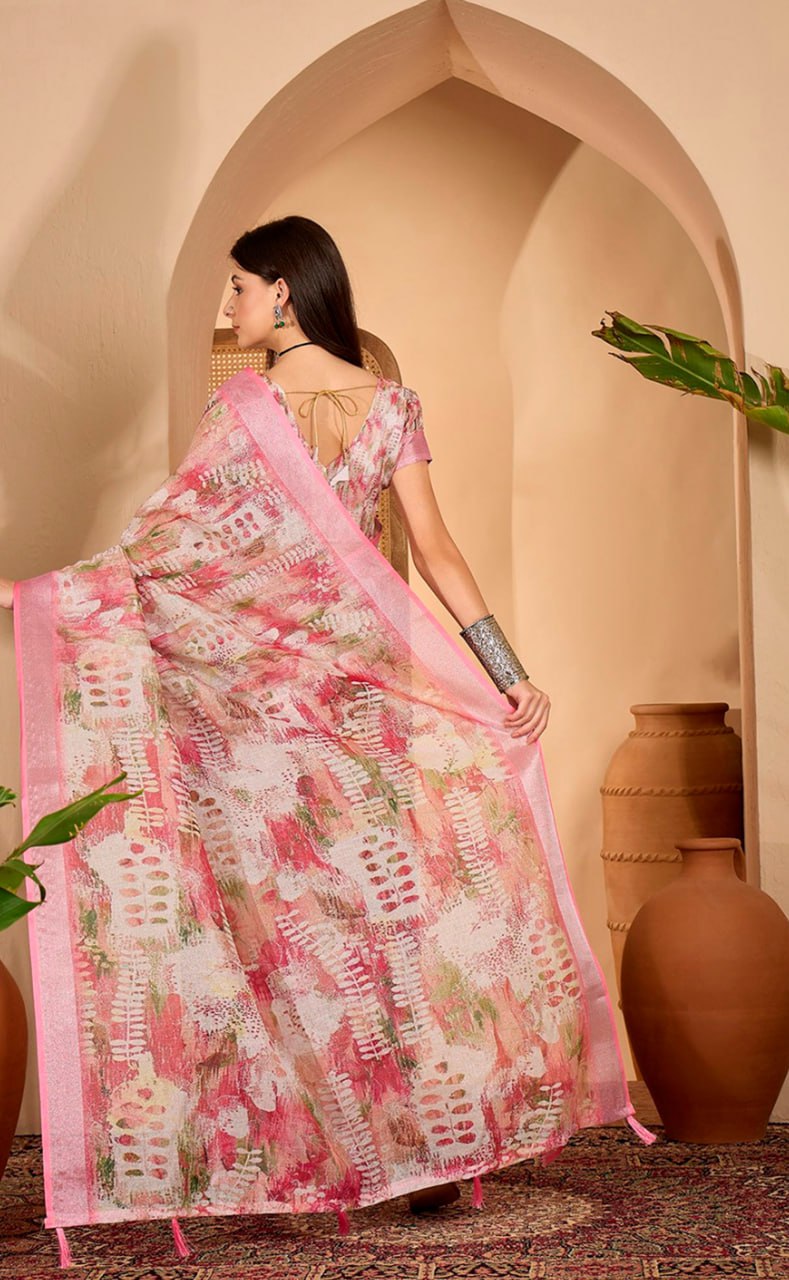 Vibrant Abstract Digital Print Linen Cotton Saree