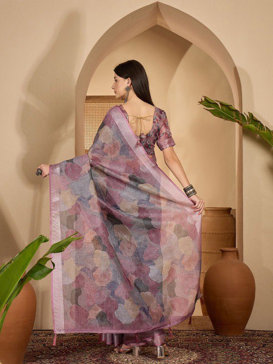 Lavender Leaf Digital Print Linen Cotton Saree
