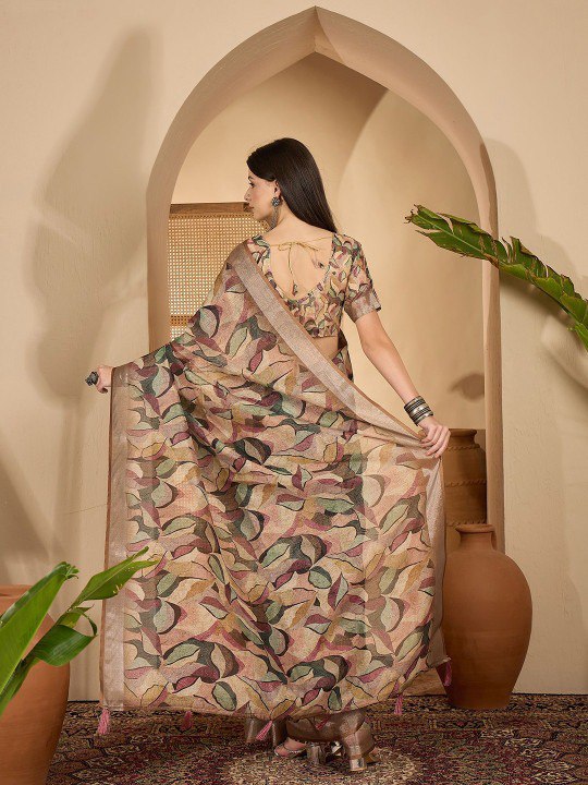 Soft Pink Floral Linen Cotton Saree